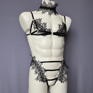 Black lace floral Sissy Famboy lingerie gay chest harness with lace choker - RAY | Custom size bondage lingerie for man