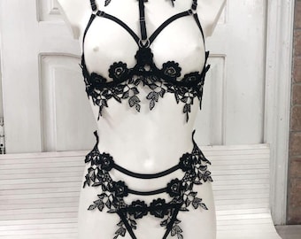 Black cupless bra and lace harness panties - ORCHID | Handmade floral lingerie harness set for women Custom size Mature