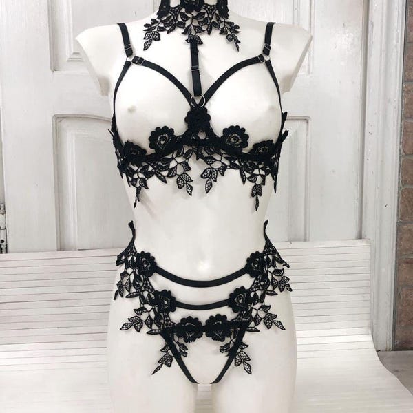Black cupless bra and lace harness panties - ORCHID | Handmade floral lingerie harness set for women Custom size Mature