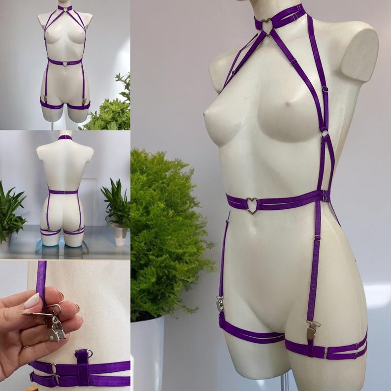 Violet plus size body harness Open cupless bra with Open crotchless panties Full body harness Neck collar Thigh harness Garter belt lingerie Bdsm harness Fetish lingerie Strappy lingerie set Dominatrix outfit for women