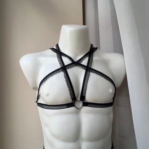 Valentine's Lingerie! Black Femboy Sissy lingerie Set Frilly Open Cage Cupless Bralette Chest Harness Pentagram bra with heart