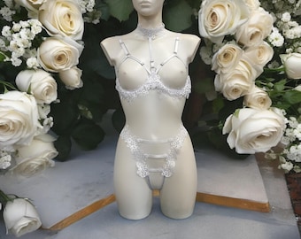 Witte bruiloft bruidslingerie huwelijksreis harnas - kooi-beha, string zonder kruis hoge taille slipje aangepast formaat volwassen