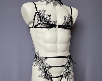 Sissy lingerie gay chest harness with lace choker - RAY | Custom size handmade lingerie for man