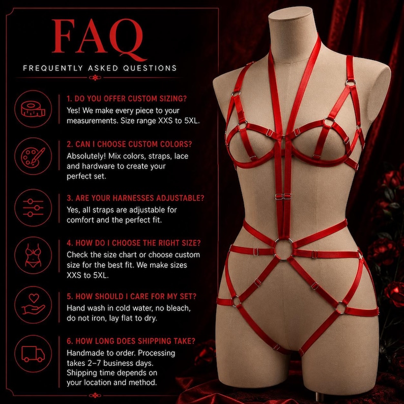 a mannequin wearing a red strapless lingerie set, posing for a photograph. The image is accompanied by a list of frequently asked questions about customizing the lingerie, choosing the right size, caring for the set, and shipping options.