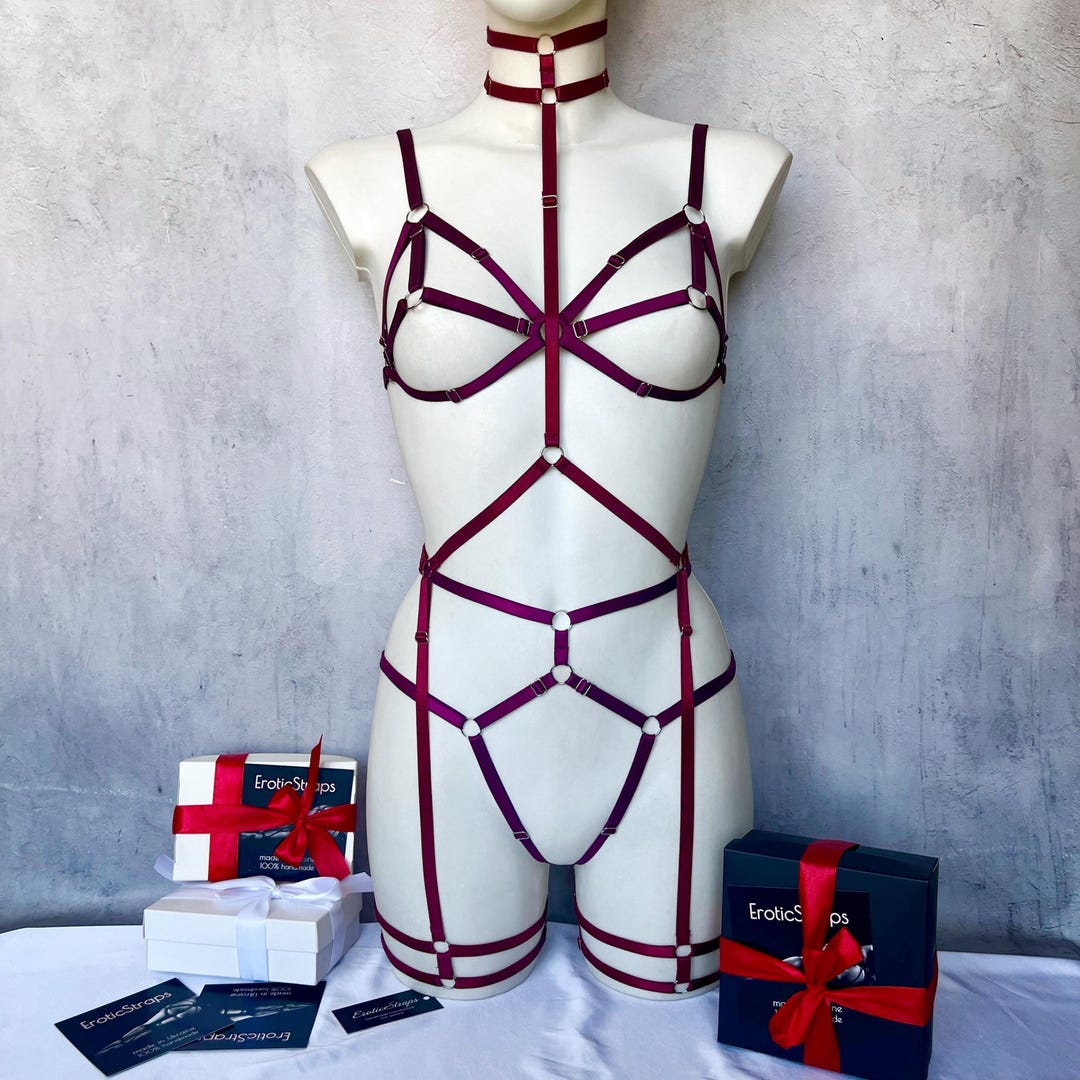 Full Body Harness Lingerie Strappy Crotchless Panty Cupless Bra Etsy