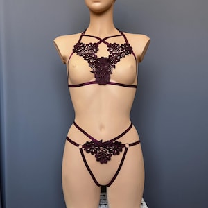 Floral Lace Lingerie Set - Harness Bralette and Panty - Boudoir Lingerie