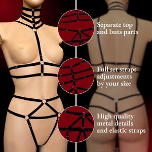 The image is a collage of three images showing different views of a bra-like garment with straps and a choker-style neckline. The first image shows the top and bottom straps, the second image shows the straps with the back straps visible, and the third image shows the back straps and the straps with the butt straps visible. The image also includes text that describes the garment, such as the straps being adjustable and the high quality metal details and elastic straps.