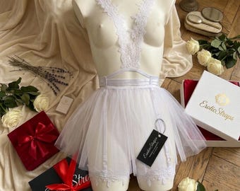 Bruidslingerie met open cups en harnas - TUTU op maat gemaakte lingerieset voor de huwelijksnacht, jarretelgordel voor de bruid
