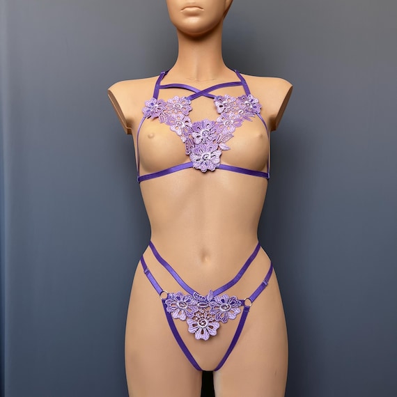 Floral Lace Lingerie Set - Purple Harness Bralette and Panty - Etsy