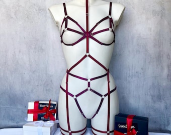 Burgundy Velvet Lingerie Set - Handmade Harness with Choker