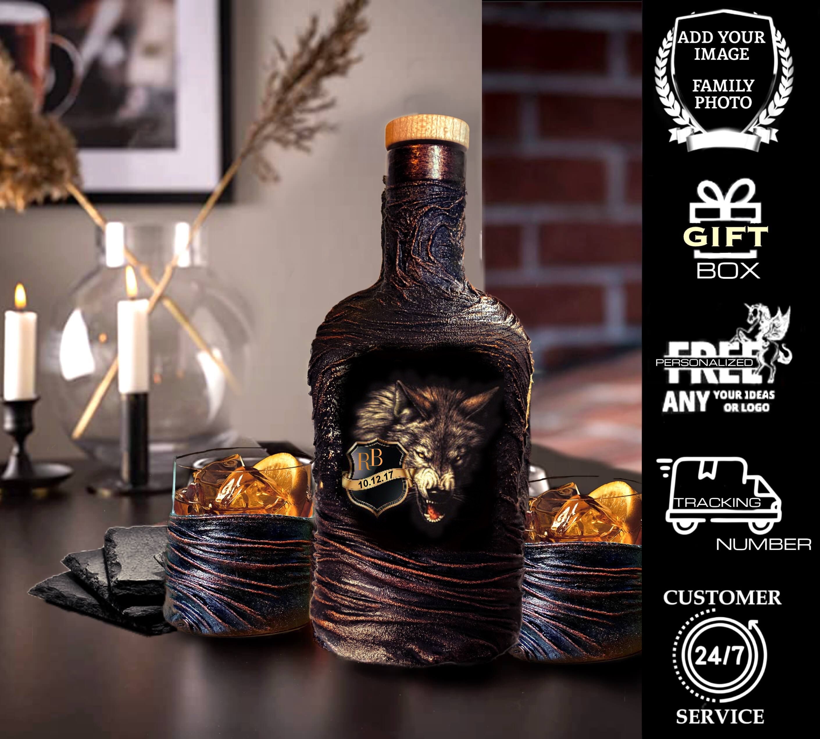 Wolf Personalized Whiskey Decanter Set With Gift Boxhunting Etsy UK