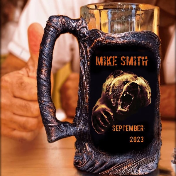 Personalized Bear Mug ~ Hunter Bear Beer Mug~ Custom Order~Handmade Lava Design~Customized Stein-Home Bar Gift for Him-Beer Gift for Couple