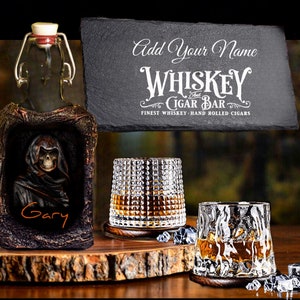 Skull Personalized Whiskey Glass Flask Set Glasses Wood Coasters Gift Box /Unique Lava Design Customized Bar Gift for Men/Slate Serving Tray