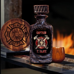 Personalized Fireman Whiskey Decanter Set Wooden Cups with Gift Box/Firefighters Axe Home Bar/Unique Lava Design/Customized Gift for Men