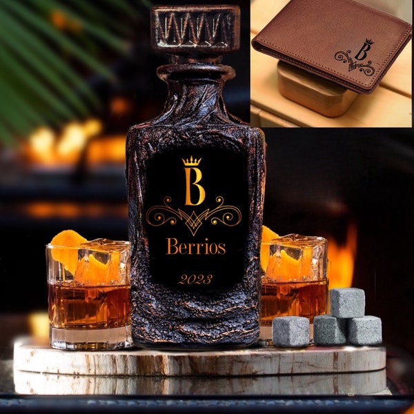 Personalized Monogram Whiskey Decanter Set Customized Wallet for Men with Gift Box-Custom Gift Home Bar-Unique Lava Design-Bar Gift Men Dad