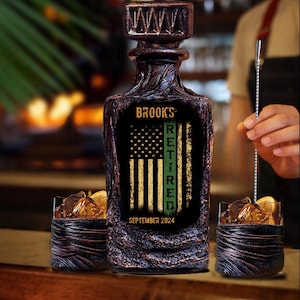 US Army Retired Personalized Whiskey Decanter Set with Gift Box/Military Customized Cheese Board/Lava Design Barware/Husband Anniversary