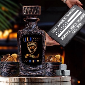 Personalized Police Officer Whiskey Decanter Set: Custom Slate Serving Board