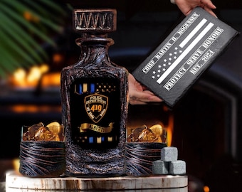 Personalized Police Officer Whiskey Decanter Set: Custom Slate Serving Board