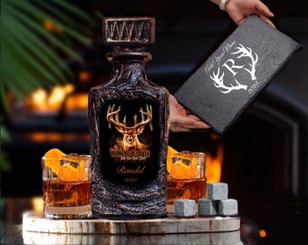 Deer Hunter Personalized Whiskey Decanter Set Gift Box/Customized Serving Appetizer Plate/Home Bar Gift for Men/Barware Gift for Hunters