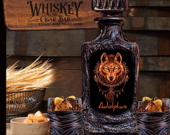 Personalized Wolf Whiskey Decanter Set: Hunting Barware Gift