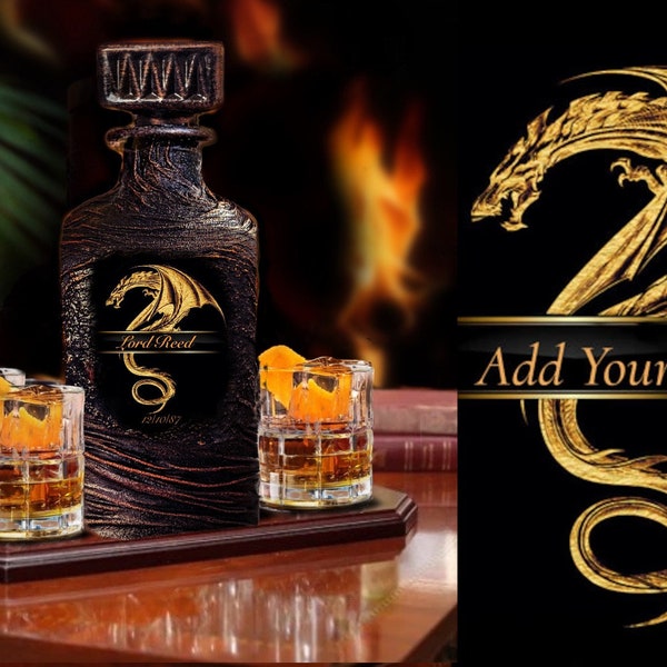 Personalized Dragon Whiskey Decanter Set-Custom Monogram Liquor Set Glasses-Custom Gift Home Bar-Unique Lava Design-Anniversary Gift for Men