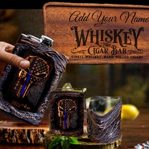 Personalized Retirement Police Officer Whiskey Flask Set: Shots Glasses Custom Image/Customized Serving Tray Gift/Bar Anniversary Husband
