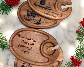 Charcuterie Board, Wine Glasses holder, Personalized Wood Serving Set, Engraved Funny Gift Tray