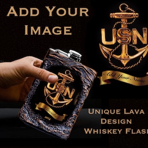 US Navy Personalized Whiskey Flask Set with Gift Box Customized Serving Tray/US Army Scotch Glasses Army Dad Home Bar/Unique Lava Design