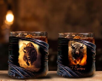 Buffalo Whiskey Glasses Personalized with Gift Box-Western Cowboy Decor Customized Lava Design, Custom Image, Barware Gift for Husband