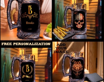 Personalized Groomsmen Beer Mug Set-Hinting Fishing Wedding Gift-Handmade Lava Design-Custom Stein-Barware gift for Him-Gift for Couple