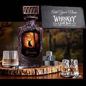 Hunting Whiskey Decanter Set With Gift Box/Personalized Deer for Home Bar/Customized Hunters Liquor Set with Wood Tray/Gift Ideas for Man