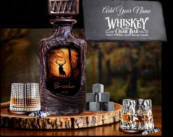 Ensemble de carafes à whisky de chasse personnalisée : motif cerf, coffret cadeau