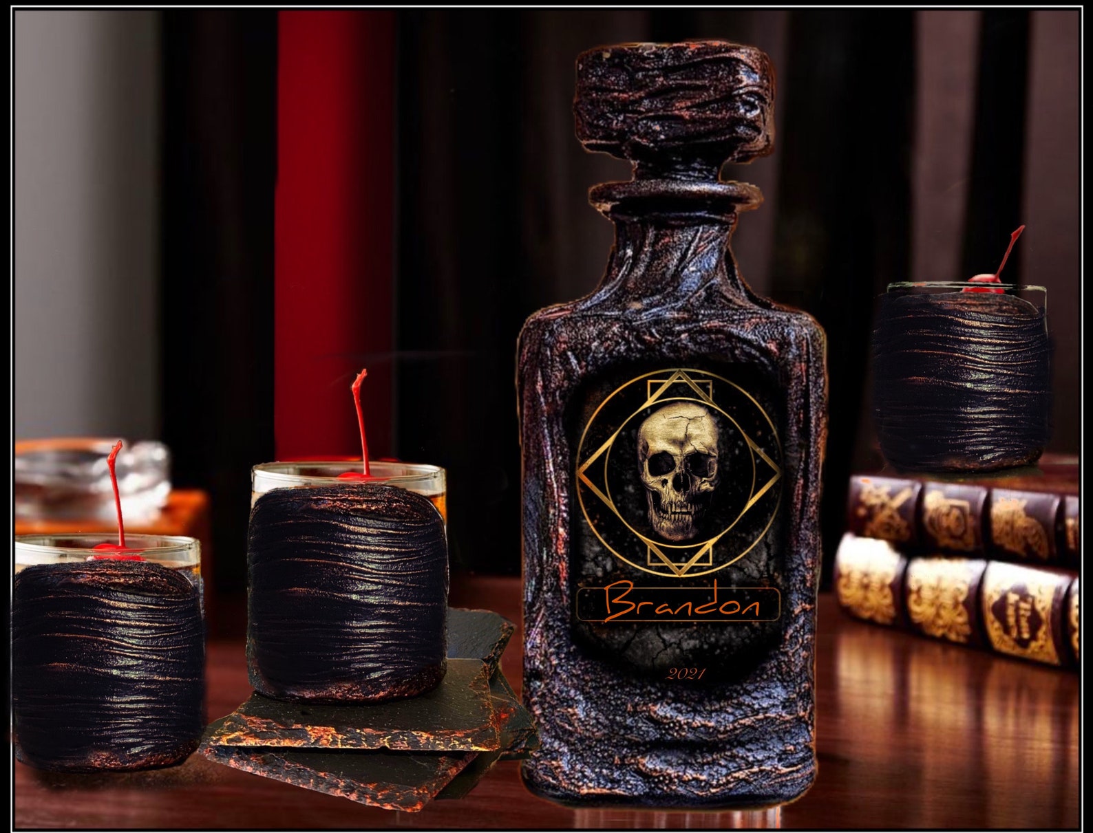 Skull Personalized Whiskey Decanter SetHome Bar Custom Scotch Etsy