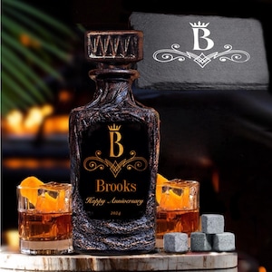 Juego de decantador de whisky con monograma personalizado, billetera personalizada, tabla de quesos con caja de regalo, diseño único de lava, barra de bourbon
