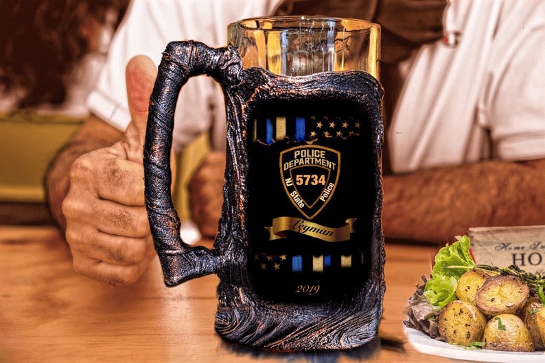 Police Beer Mug Set with Gift Box-Unique 3D Lava Design-Gift for Police Officer-Home Bar Gift for Police Man-Wedding Beer Stein