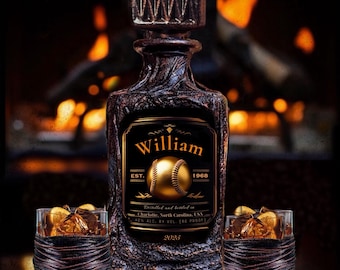 Personalized Football Whiskey Decanter Set: Wood Glasses & Serving Board