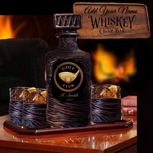 Personalized Golf Lover Fathers Day Whiskey Decanter Set with Gift Box/Customized Barware Gift Idea for Husband Bourbon Home Bar Lava Design
