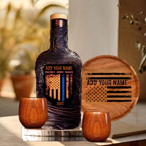 Personalized Police Officer Whiskey Decanter Set: Wood Glasses Coasters Custom Barware Gift
