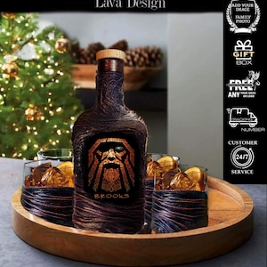 Personalized Viking Whiskey Decanter Set With Gift Box/Rock Glasses Stone Customized Serving Board/Custom Gift Home Bar-Unique lava Design