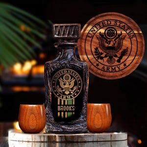 US Army Military Retired Veteran Personalized Custom Name Whiskey Decanter Set with Gift Box/Wood Glasses, Customized Cutting Board/Liquor