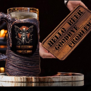Skull Motorcycle Beer Mug Set with Gift Box Personalized/Unique Lava Design/Gift for Bikers Men Cave Custom Stein/Serving Appetizer Board