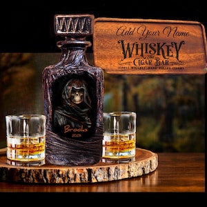 Skull Personalized Whiskey Decanter Set With Gift Box-Customized Skeleton Liquor Barware Man Cave Custom Name gift for Him Bikers Wedding