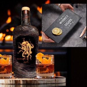 Octopus Personalized Whiskey Decanter Set With Box/Customized Anniversary Gift for Home Bar/Scotch Glasses Slate Food Tray/Lava Design