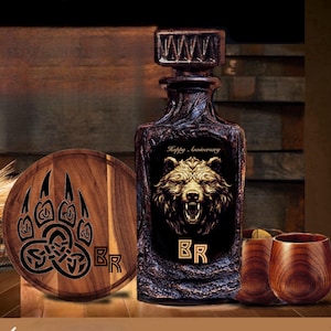 Bear Viking Personalized Hunting Whiskey Decanter Set With Gift Box Customized Cutting Cheese Board Wood Glasses/Hunters Liquor/Lava Design
