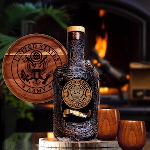 US Army Military Retired Veteran Personalized Custom Name Whiskey Decanter Set with Gift Box/Wood Glasses, Customized Cutting Board/Liquor