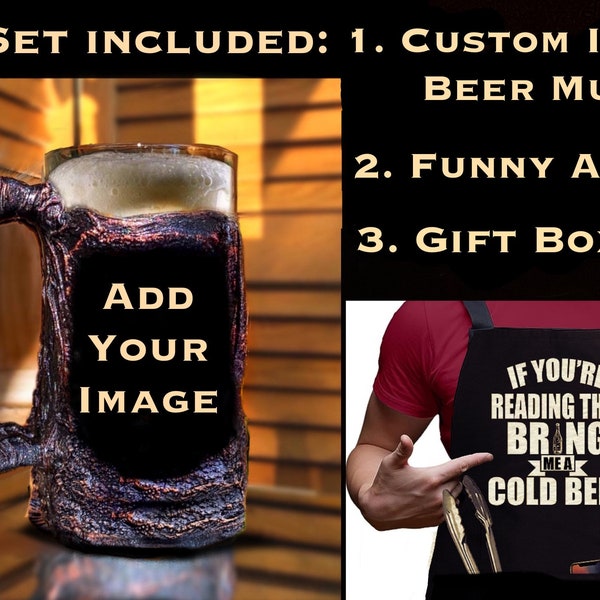 Gift Set for Beer Lovers/Aprons, Stain, Custom Image Family Photo Personalized Beer Mug Set/Handmade Lava Design Customized Home Bar