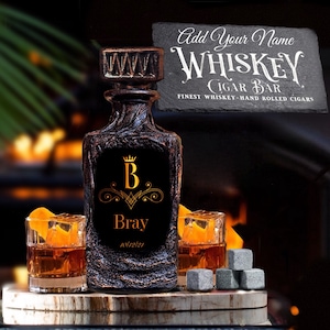 Decantador de whisky con monograma personalizado, billetera personalizada o tabla de quesos con caja de regalo, barra casera de regalo personalizada/diseño de lava único/hombres de regalo