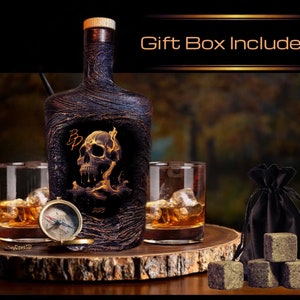 Skull Whiskey Decanter Set Personalized with Glasses, Gift Box/ Customized Serving Wood or Stone Board/Add Custom Photo Anniversary Wedding