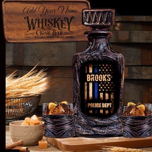 Police Officer Retired Personalized Whiskey Decanter Set with Gift Box/Customized Cheese Board/Lava Design Barware/Husband Anniversary