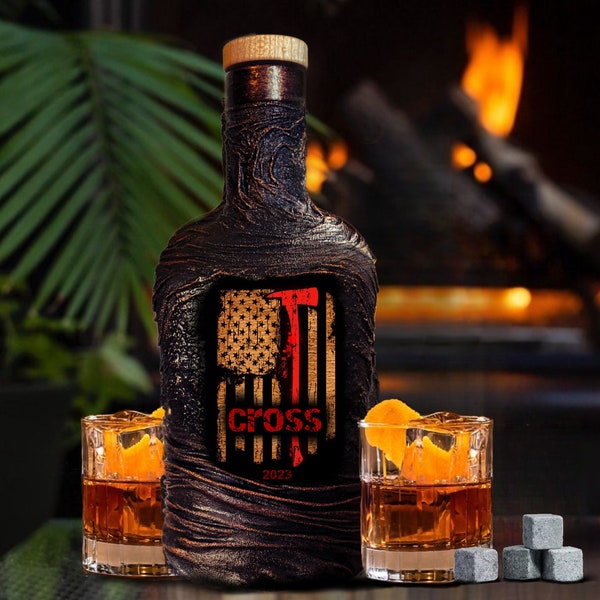 Personalized Fireman Whiskey Decanter Set with Gift Box/Firefighters Custom Gift for Home Bar/Unique Lava Design/Customized Gift for Men